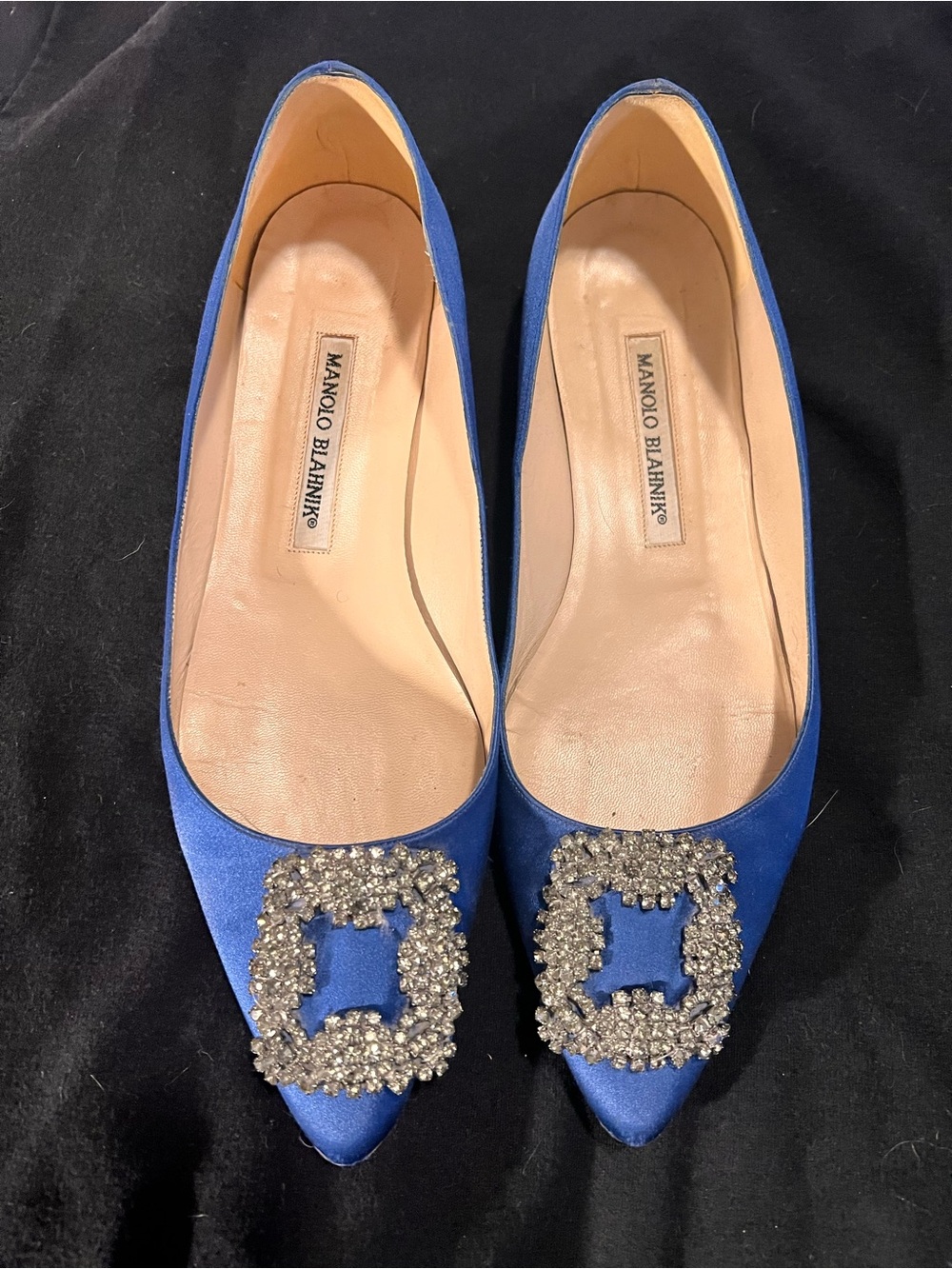 Manolo Blahnik Royal Blue Satin Pointed Flats with Crystal Buckle